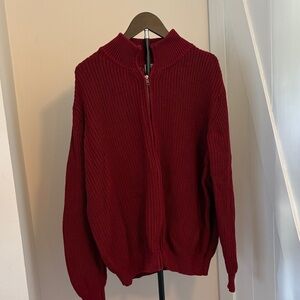 L.L. Bean Men's Full-Zip Ribbed “grandpa” cotton Sweater - Deep Red